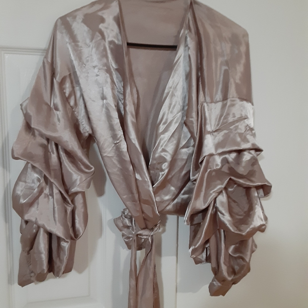 Silky golden tan wraparound waist blouse